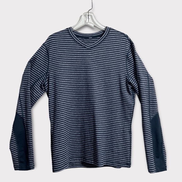 Lululemon Men’s Speed Long Sleeve Shirt Classic Stripe Heathered Black Iris Blue - Picture 8 of 14
